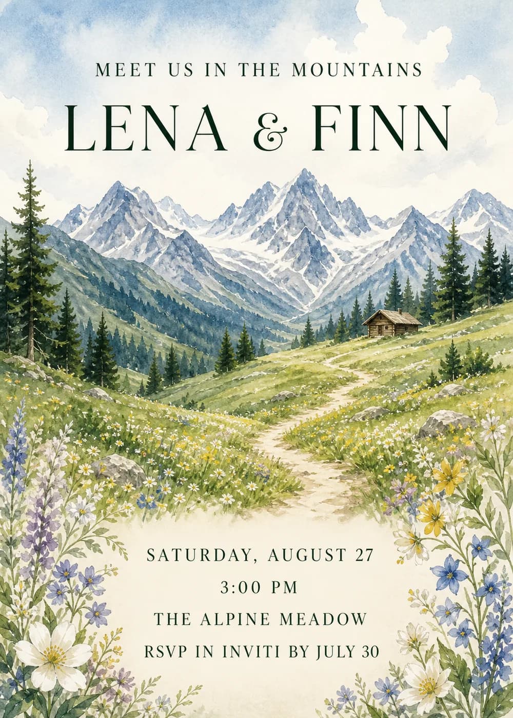 Watercolor wedding invitation with snowy mountain peaks, pine trees and a small wooden cabin above a winding meadow path, blue, lavender, yellow and white wildflowers in the lower corners and pine-green serif lettering on ivory