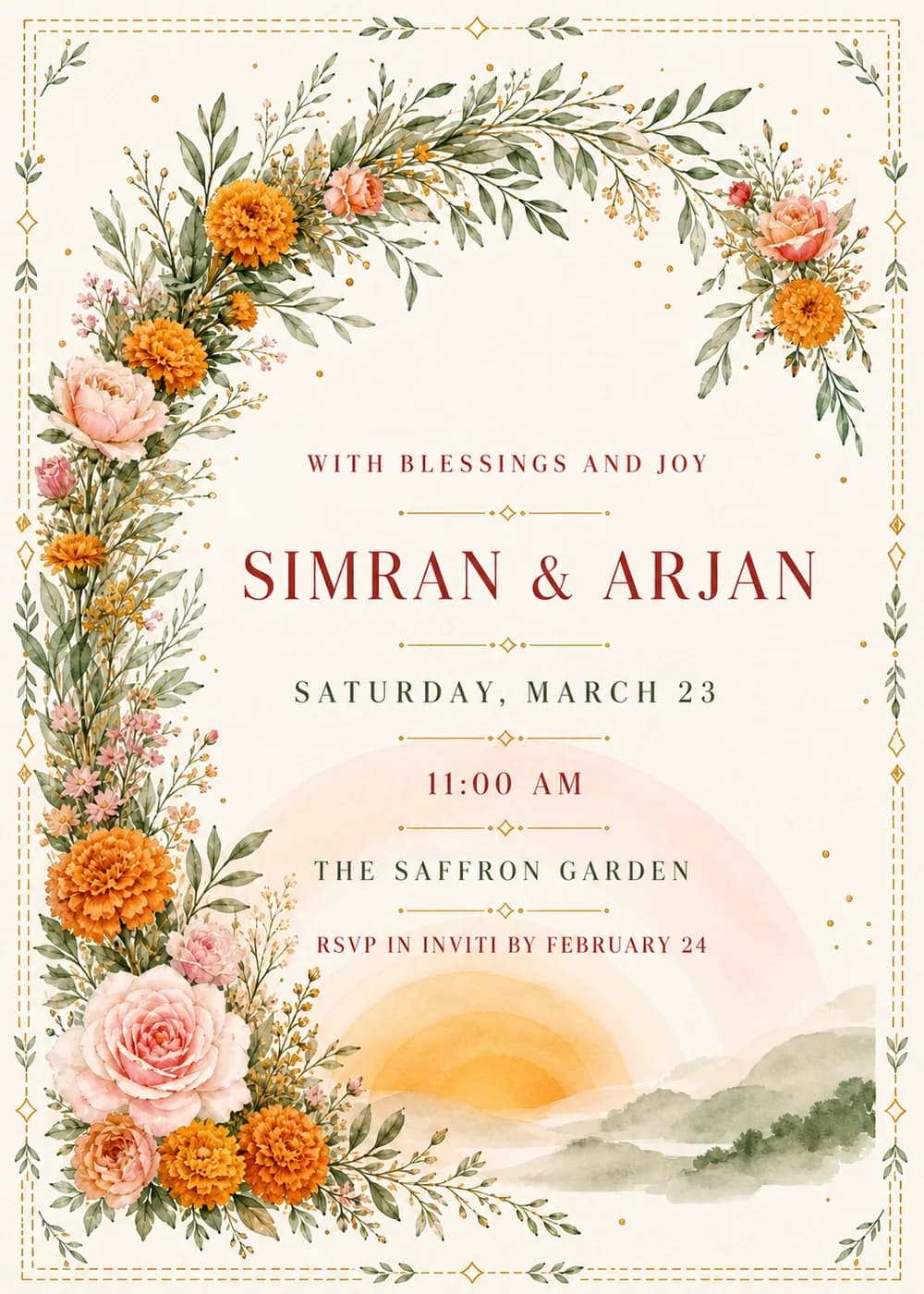 Watercolor Anand Karaj wedding invitation with marigolds, blush roses and olive leaves arching over red and green lettering, a golden sun rising over misty green hills and a dashed gold border on ivory