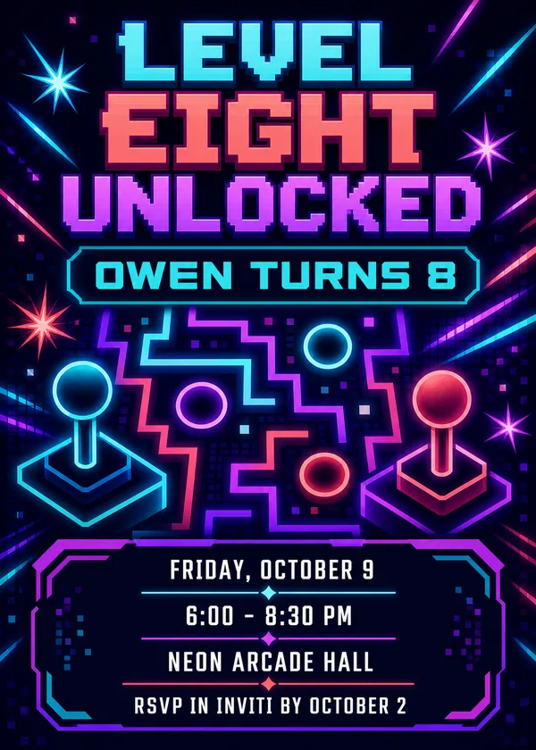 Level Eight Unlocked arcade birthday invitation with neon pixel lettering, two arcade joysticks and glowing maze lines in cyan, coral and violet on dark navy