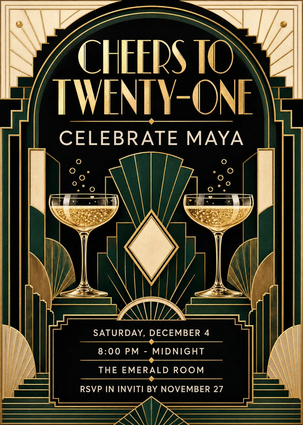 Cheers to Twenty-One birthday invitation with tall gold Art Deco lettering and an ivory name line inside a gold-edged arch, two sparkling coupe glasses on either side of an emerald fan and an ivory diamond, stepped emerald and ivory panels with gold fans and sunburst rays, and the party details in a gold-bordered black panel