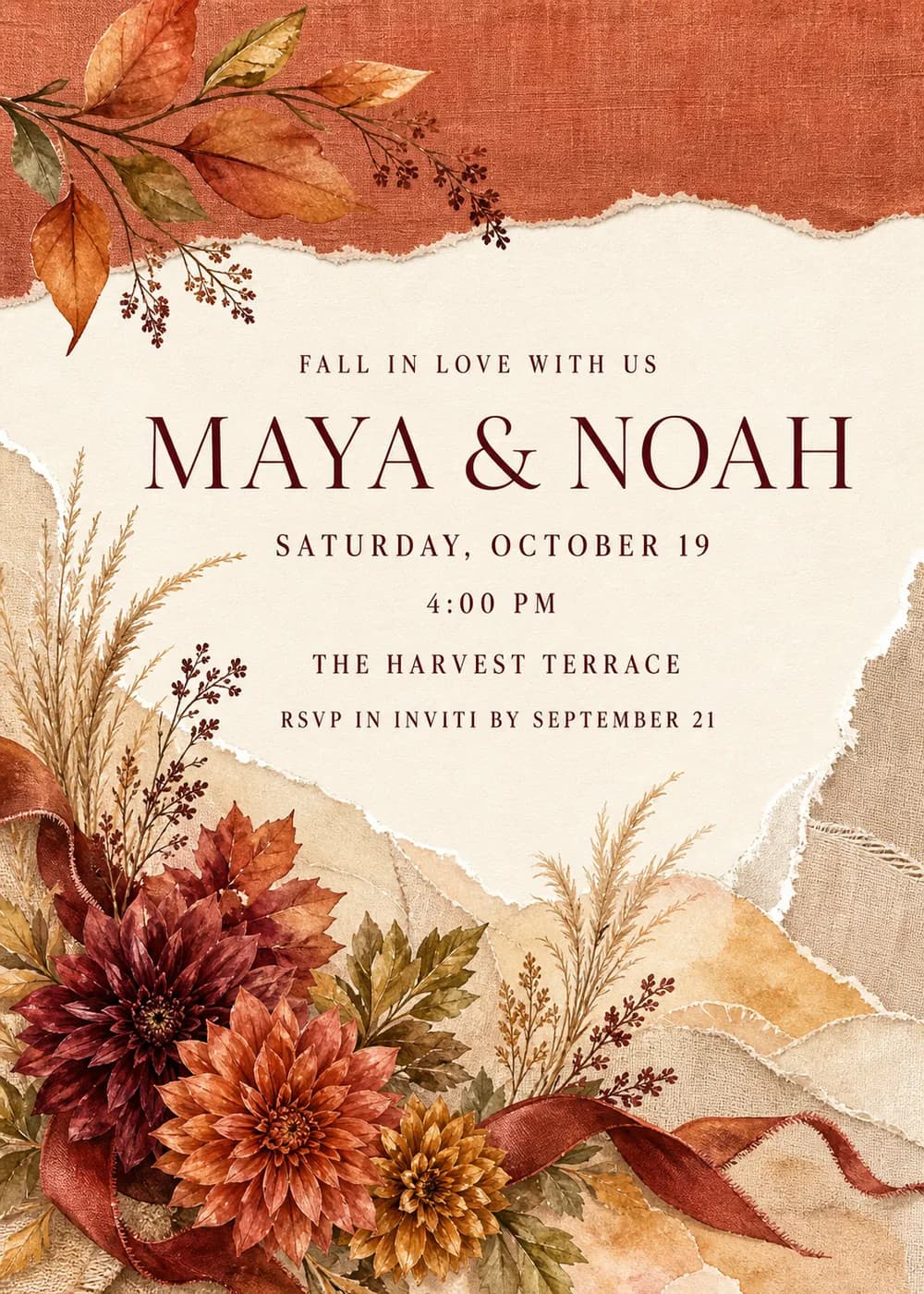 Autumn wedding invitation with a rust linen band and watercolor fall leaves across the top, a torn ivory paper center with burgundy serif lettering, and wine-red, copper and ochre dahlias, dried wheat and a terracotta ribbon on layered sand and burlap textures below