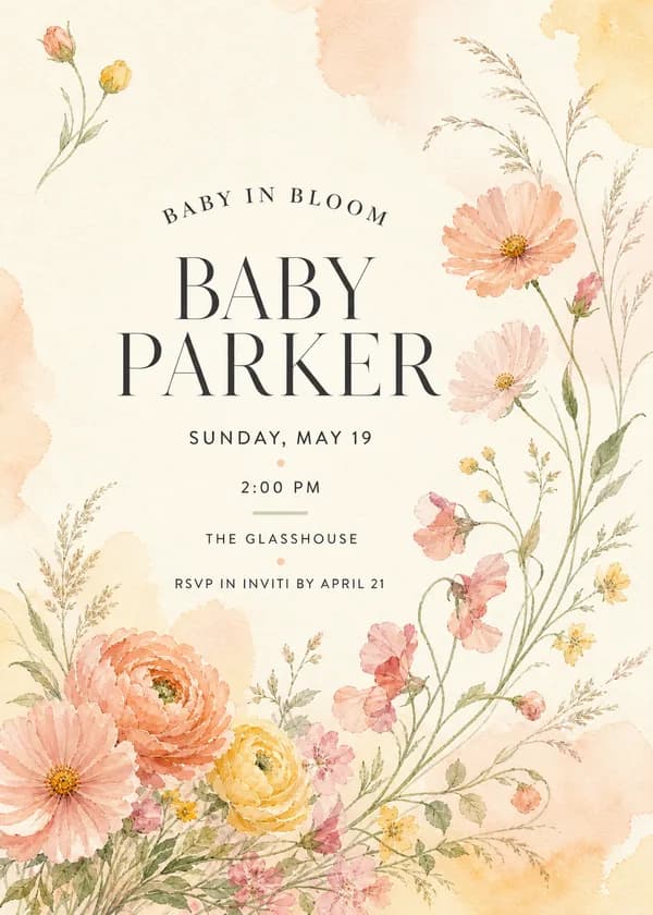 Baby in Bloom baby shower invitation with watercolor cosmos, garden roses, small yellow flowers and wispy grasses in peach, coral and blush on cream