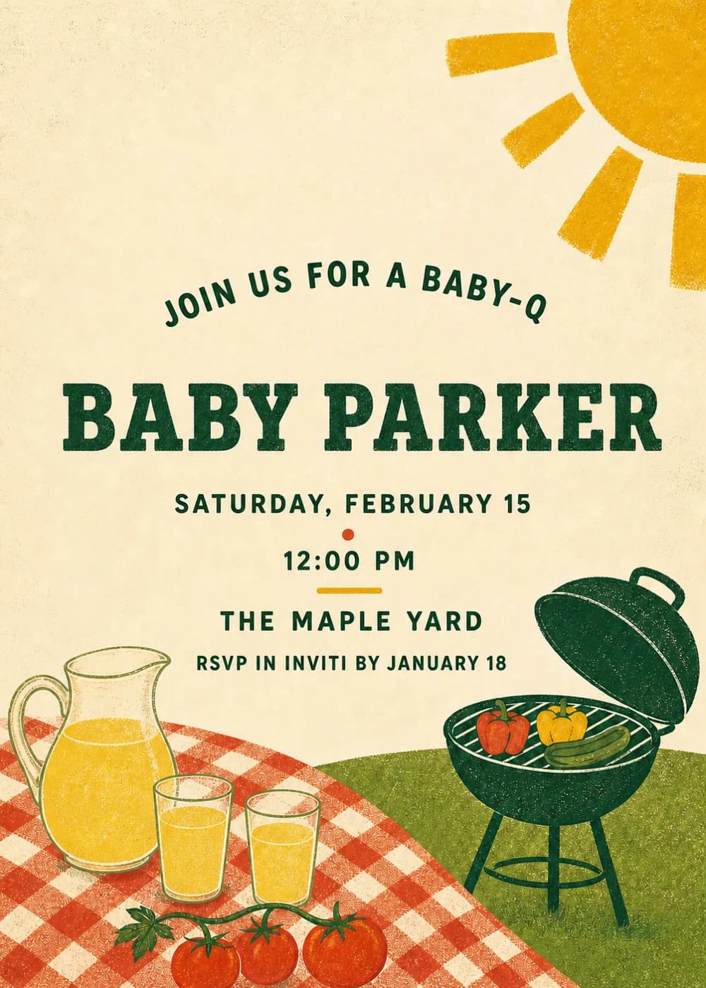 Baby-Q backyard baby shower invitation with a green kettle grill, a lemonade pitcher and glasses, tomatoes, orange gingham and a big yellow sun