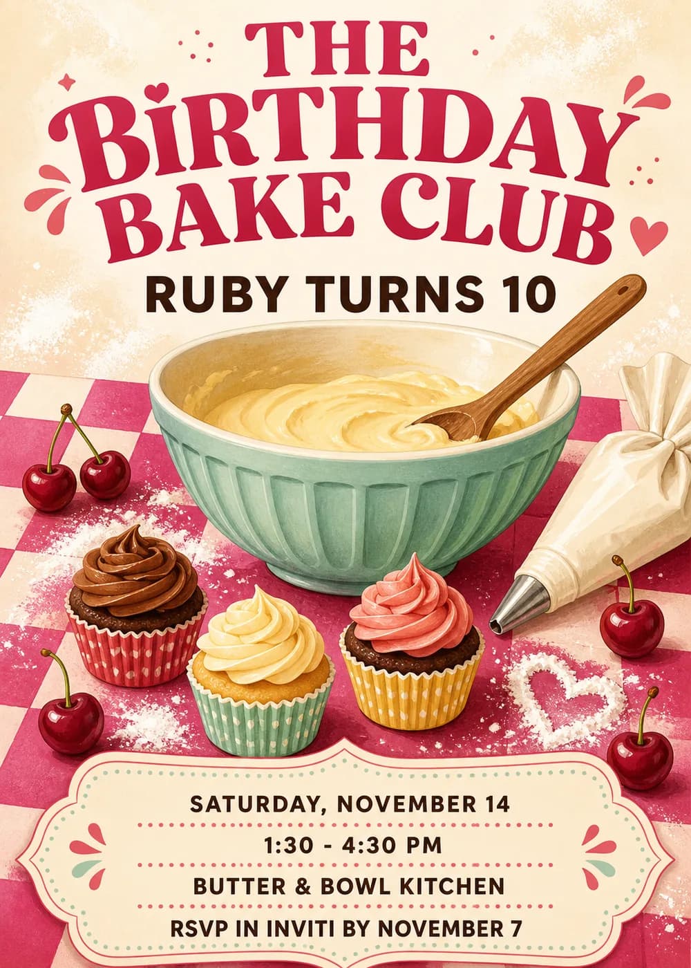 The Birthday Bake Club invitation with a mint mixing bowl and wooden spoon, three frosted cupcakes, cherries and a piping bag on a raspberry-and-cream checkerboard