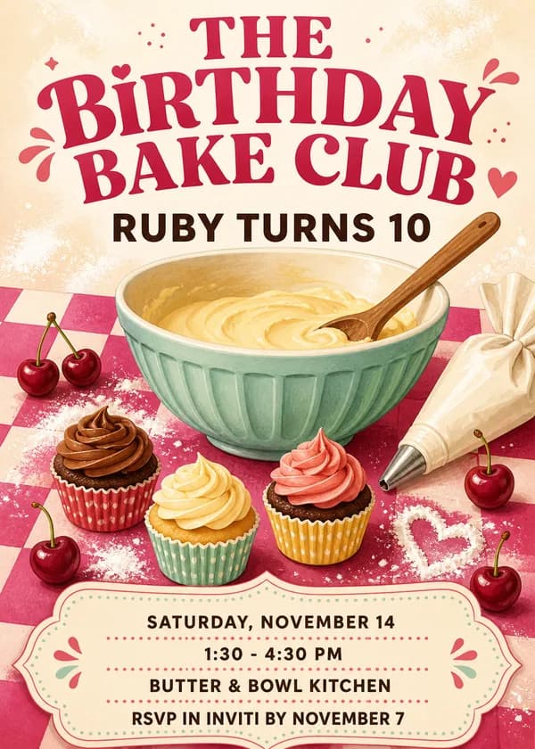 The Birthday Bake Club invitation with a mint mixing bowl and wooden spoon, three frosted cupcakes, cherries and a piping bag on a raspberry-and-cream checkerboard