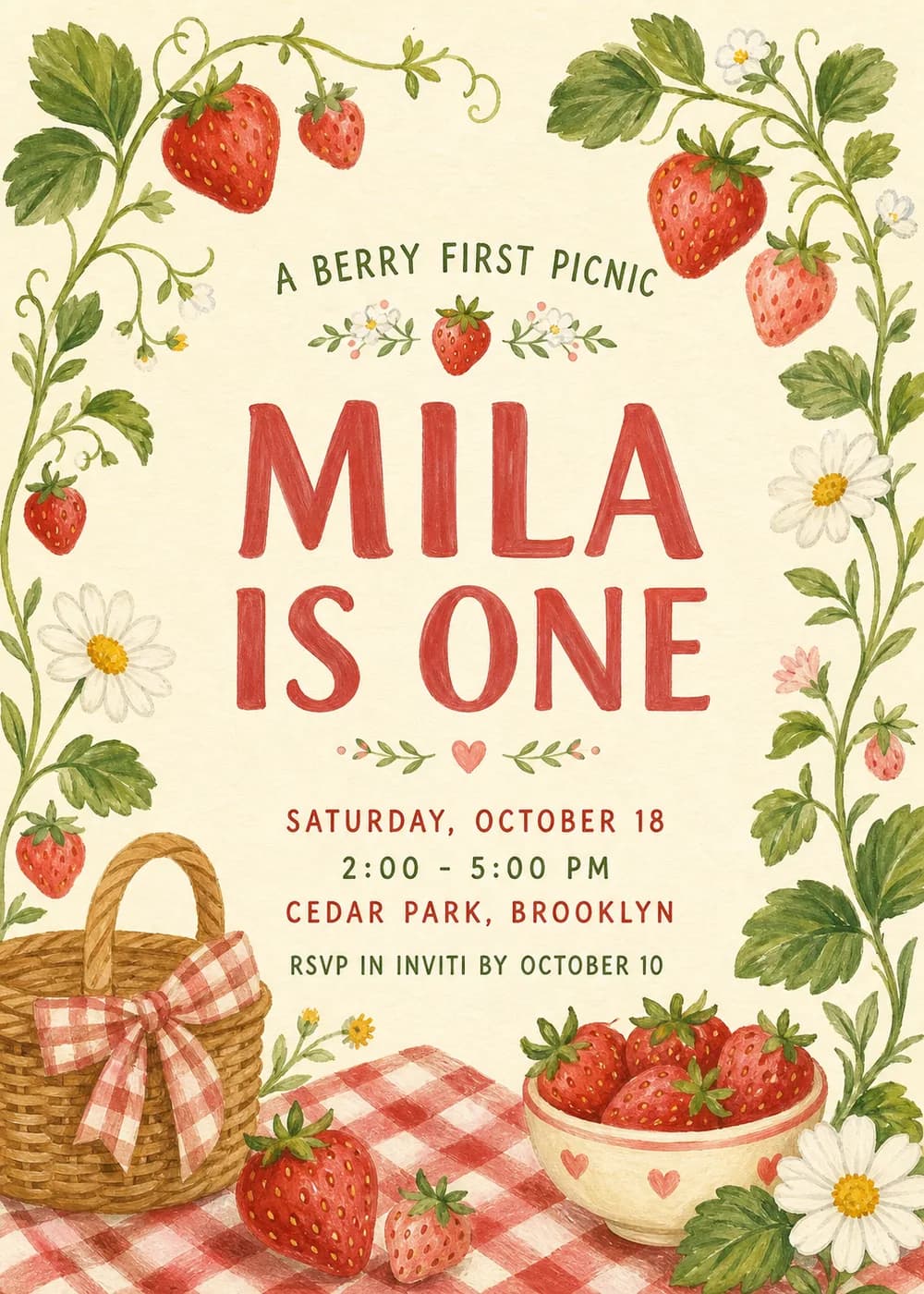 Berry First Picnic first birthday invitation with strawberry vines, daisies, a woven basket with a gingham bow and a bowl of strawberries on a red gingham cloth