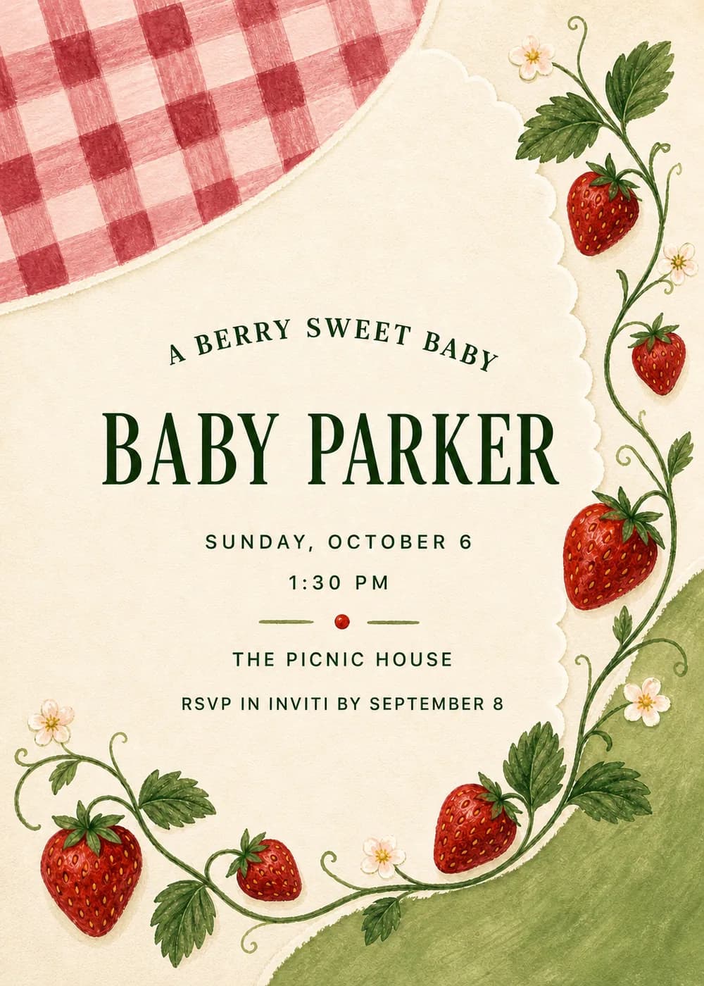 Berry Sweet baby shower invitation with curling strawberry vines, white blossoms and red gingham behind a scalloped cream panel