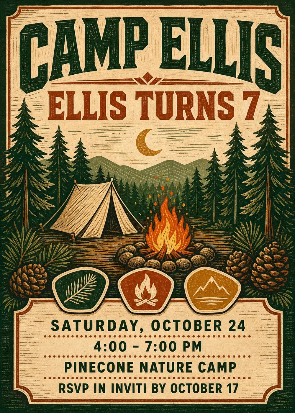 Camp Ellis camping birthday invitation in retro poster style with pine trees, mountains, a canvas tent, a campfire, a crescent moon and three outdoor badges