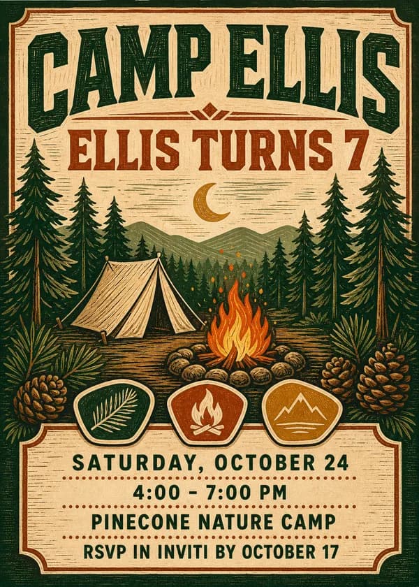 Camp Ellis camping birthday invitation in retro poster style with pine trees, mountains, a canvas tent, a campfire, a crescent moon and three outdoor badges