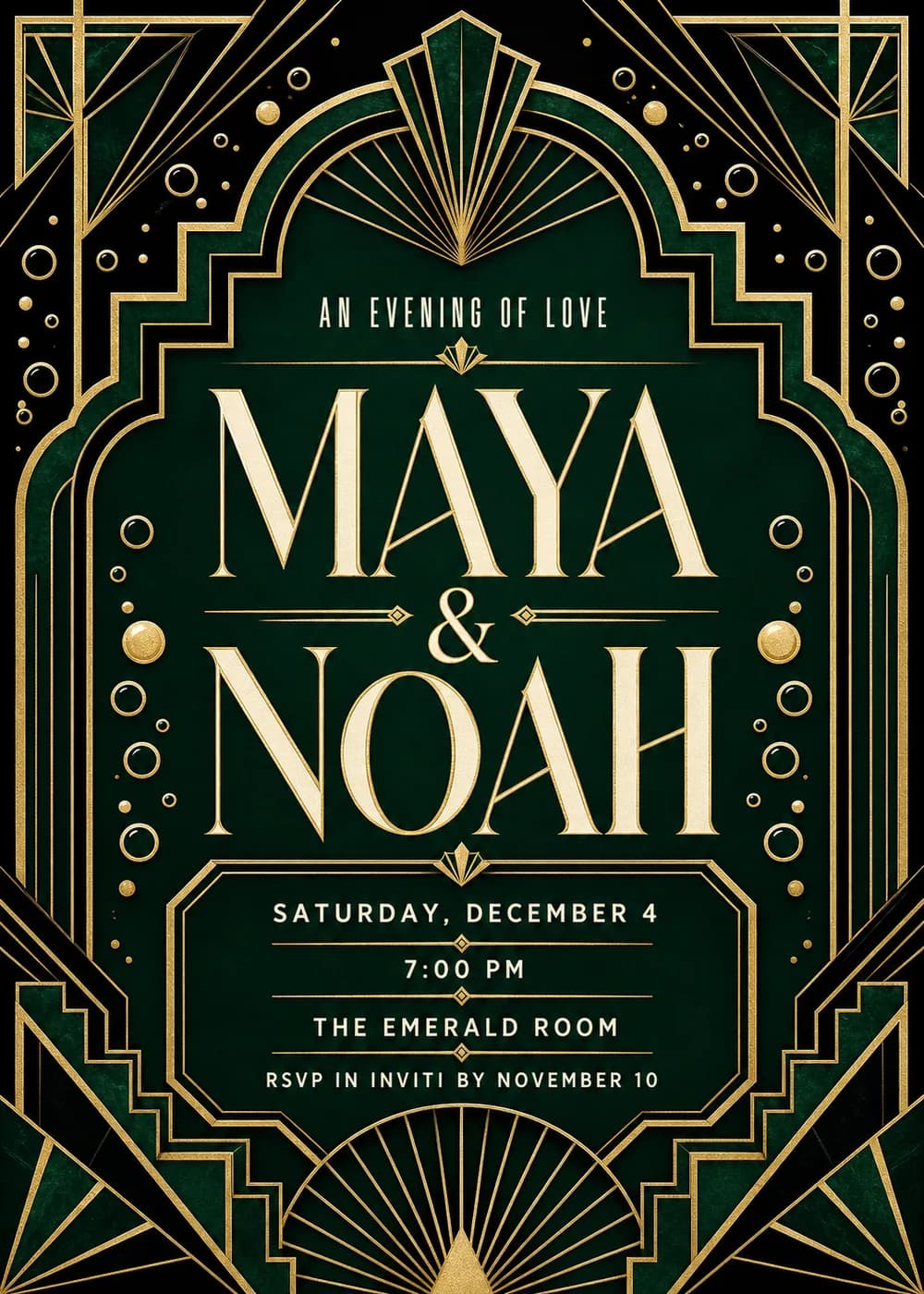 Art Deco wedding invitation with stepped champagne-gold arches, radiating fan motifs and gold rules framing an emerald panel with tall cream lettering