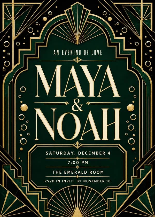 Art Deco wedding invitation with stepped champagne-gold arches, radiating fan motifs and gold rules framing an emerald panel with tall cream lettering
