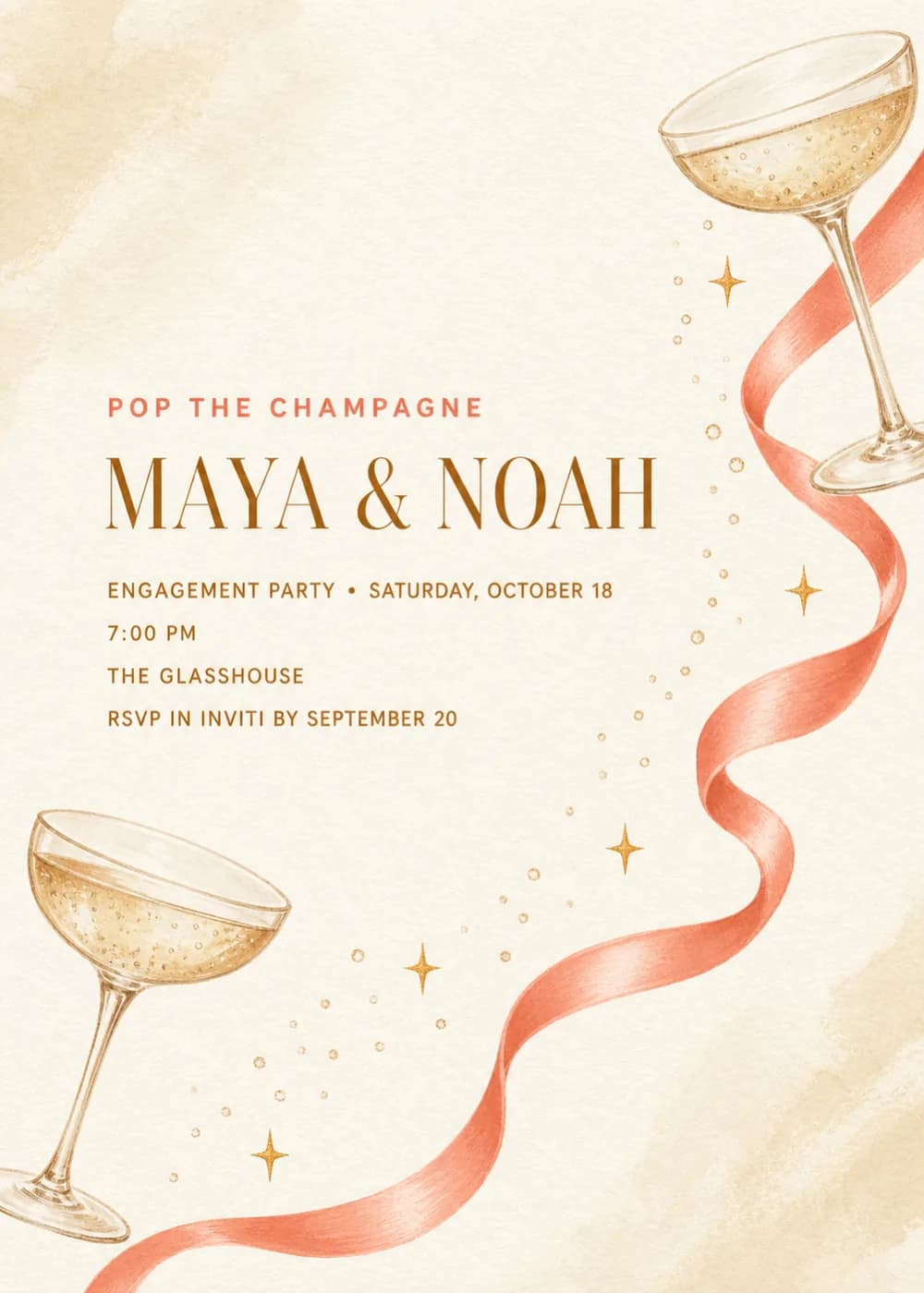 Pop the Champagne engagement party invitation with two champagne coupes, gold bubbles and stars and a flowing coral ribbon on warm cream