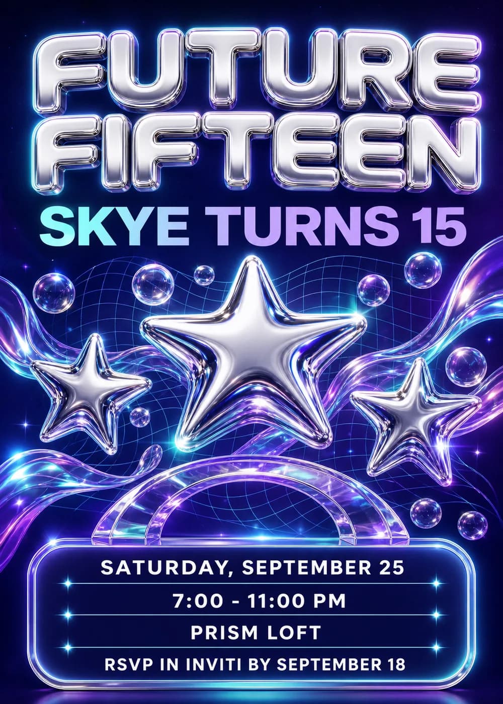 Future Fifteen birthday invitation with a puffy chrome bubble-letter headline and a cyan-to-lilac name line above three inflated chrome stars, iridescent bubbles and liquid glass ribbons on a rippling wireframe grid, with a glass arch rising from a glowing rounded details panel, all on deep indigo