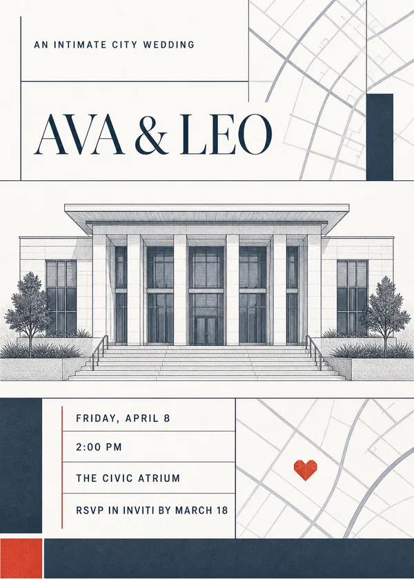 City hall wedding invitation in an editorial grid with a pen-and-ink drawing of a columned civic building, street-map lines, navy blocks and a small red heart
