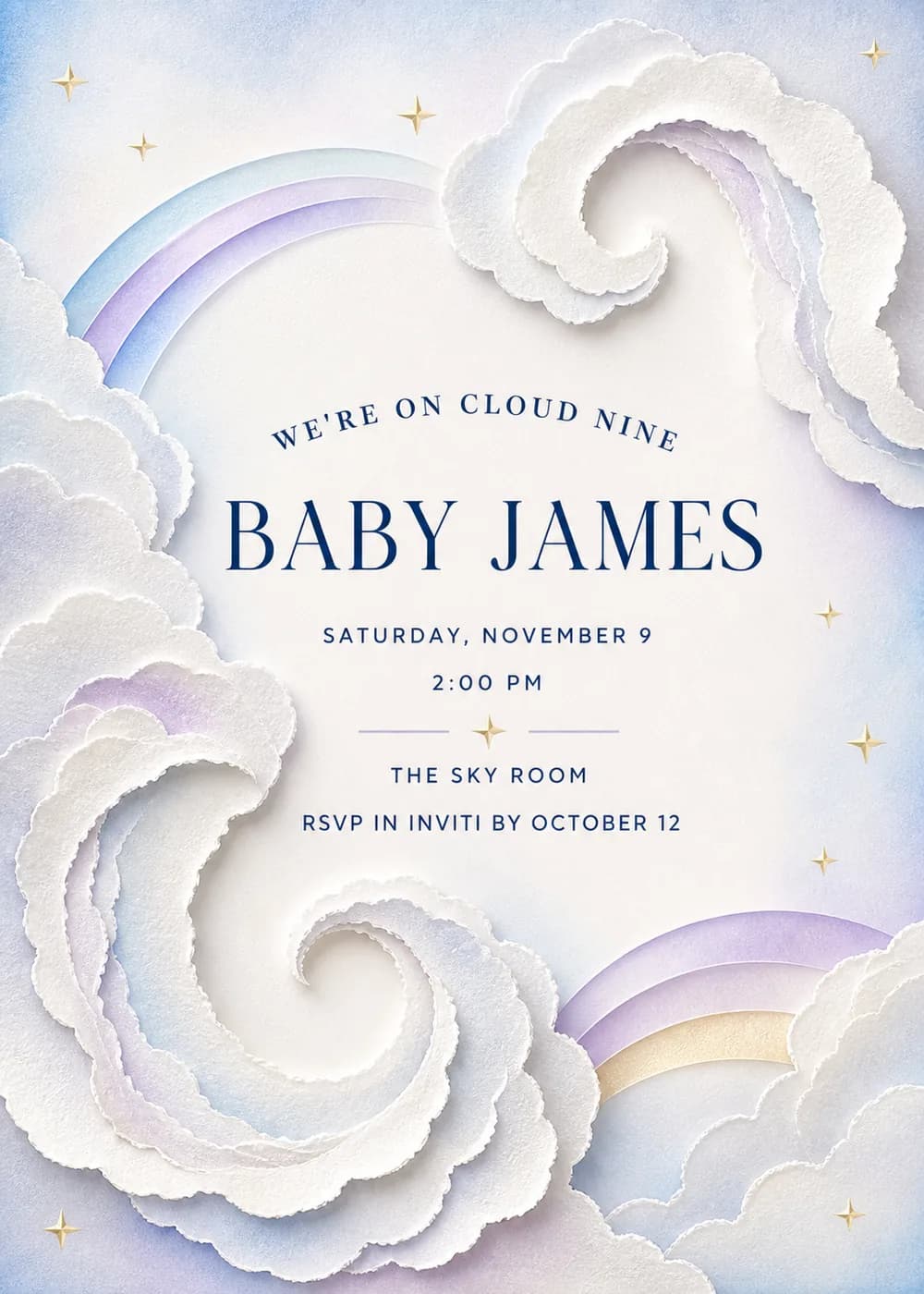 We're on Cloud Nine baby shower invitation in layered cut-paper with curling white clouds, pastel rainbow ribbons and gold stars on a pale sky