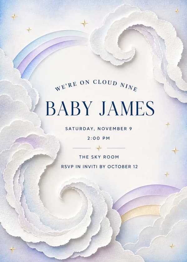 We're on Cloud Nine baby shower invitation in layered cut-paper with curling white clouds, pastel rainbow ribbons and gold stars on a pale sky