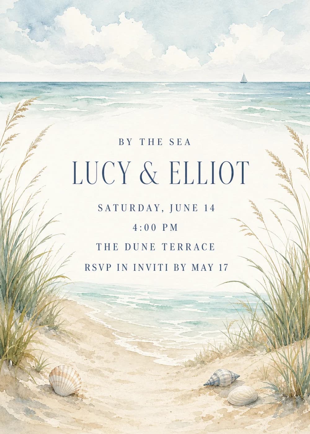 By the Sea beach wedding invitation in soft watercolor with a pale sky, a distant sailboat, waves, dune grasses, a sandy path and seashells