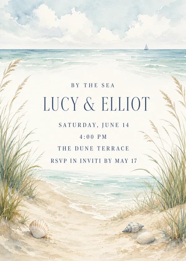 By the Sea beach wedding invitation in soft watercolor with a pale sky, a distant sailboat, waves, dune grasses, a sandy path and seashells