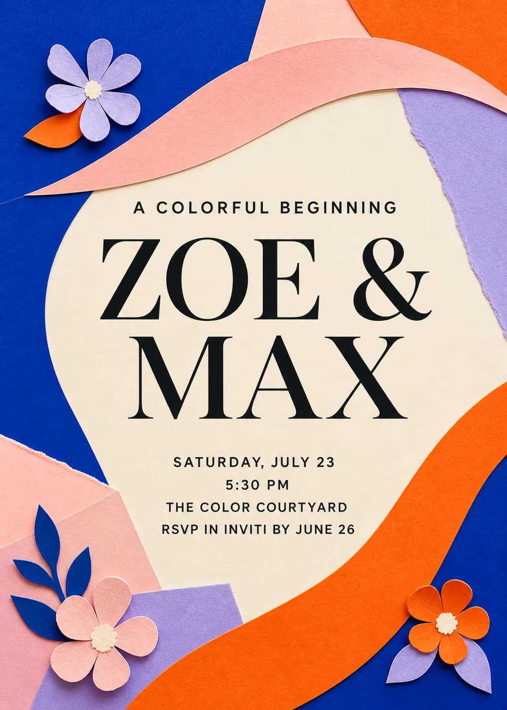 Cut-paper collage wedding invitation with oversized black serif names on an irregular cream field, framed by cobalt, tangerine, blush and lavender paper shapes, with paper flowers in three corners