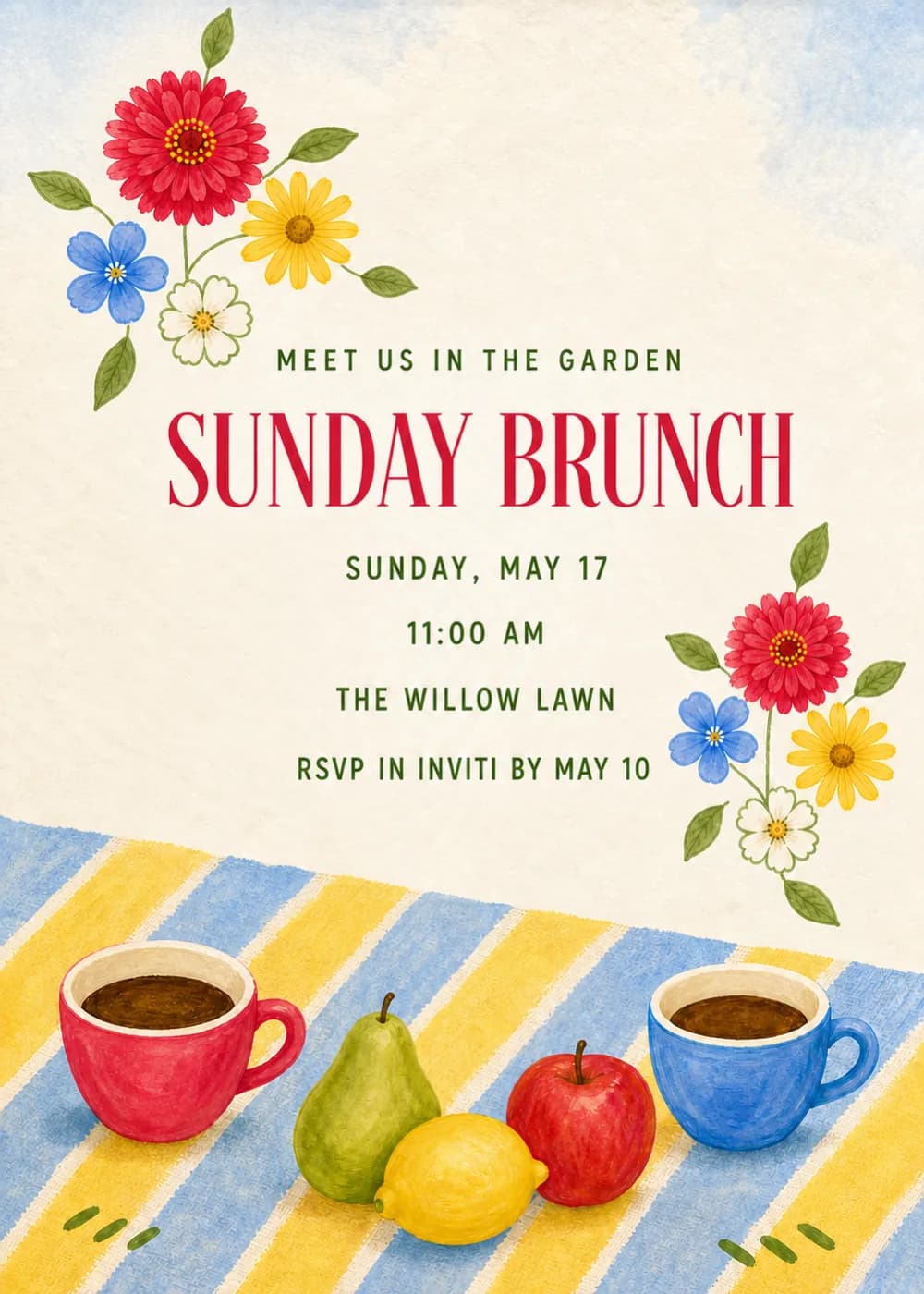 Sunday Brunch invitation with bright red, yellow and blue flowers, red and blue coffee cups, a pear, an apple and a lemon on a yellow and blue striped cloth