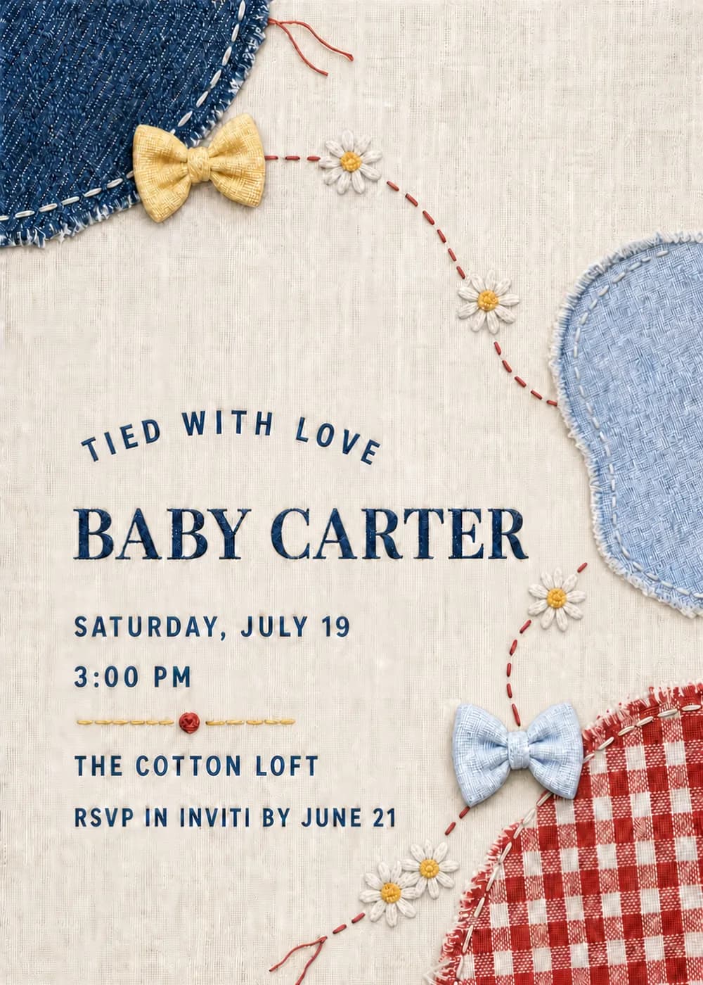 Tied with Love baby shower invitation with denim and red gingham fabric patches, yellow and blue bows and a stitched daisy trail on cream cloth
