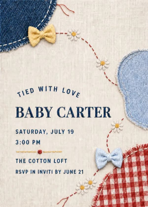 Denim bows baby shower invitation