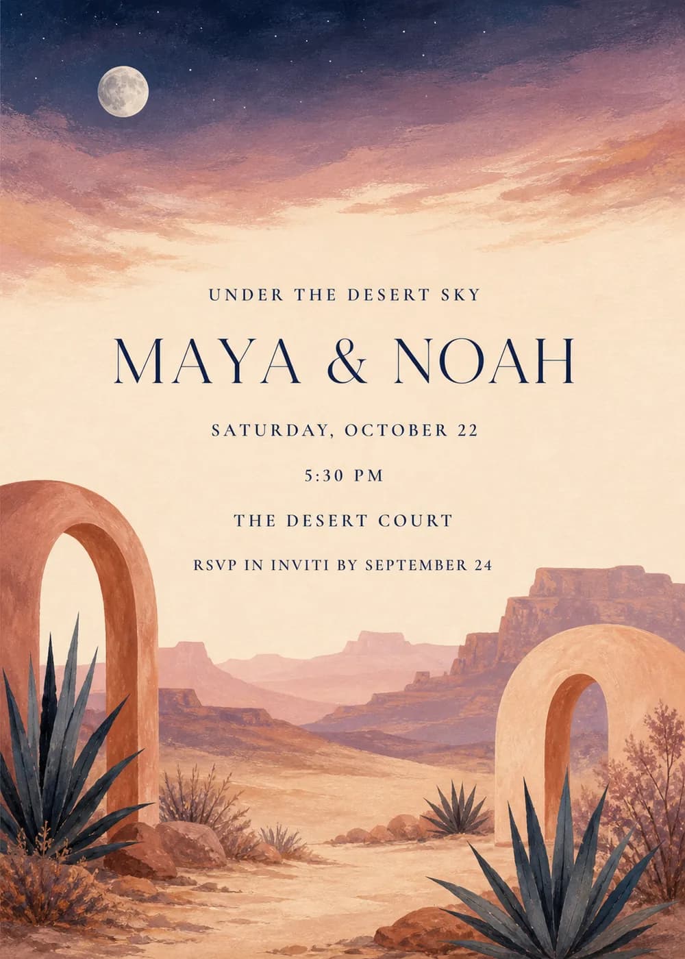 Under the Desert Sky wedding invitation in watercolor with a moon over a violet and coral sky, sandstone arches, mesas and agave plants
