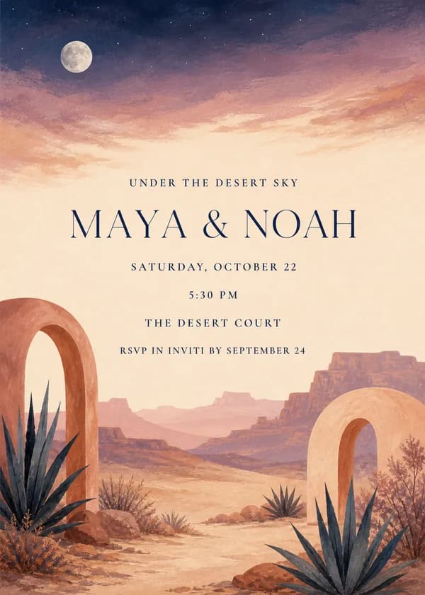 Under the Desert Sky wedding invitation in watercolor with a moon over a violet and coral sky, sandstone arches, mesas and agave plants