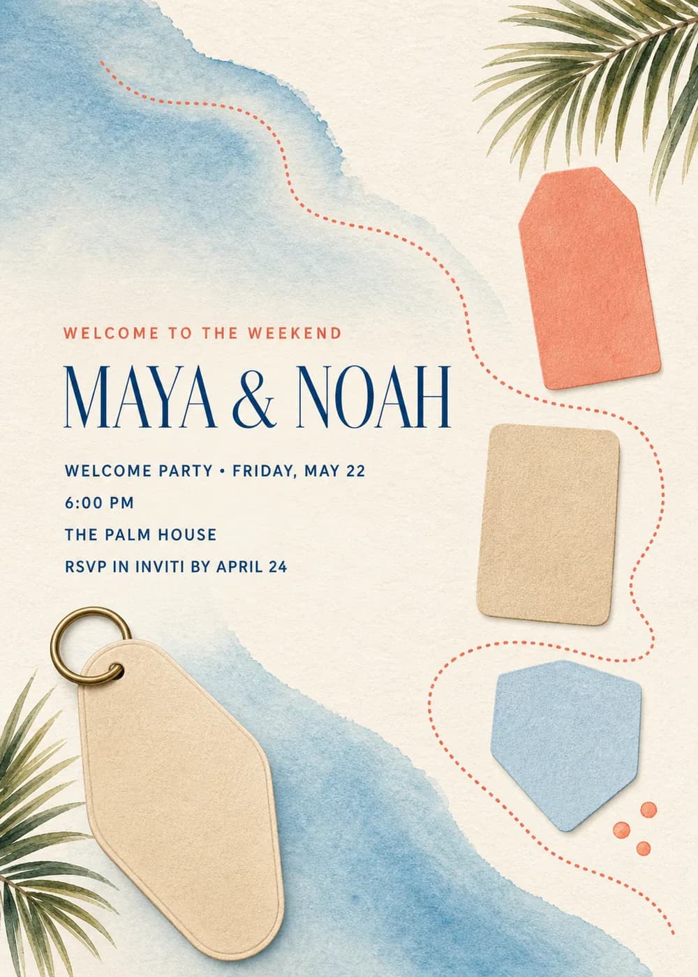 Welcome to the Weekend destination wedding welcome party invitation with blue watercolor sea, palm fronds, a coral dotted route, luggage tags and a key fob