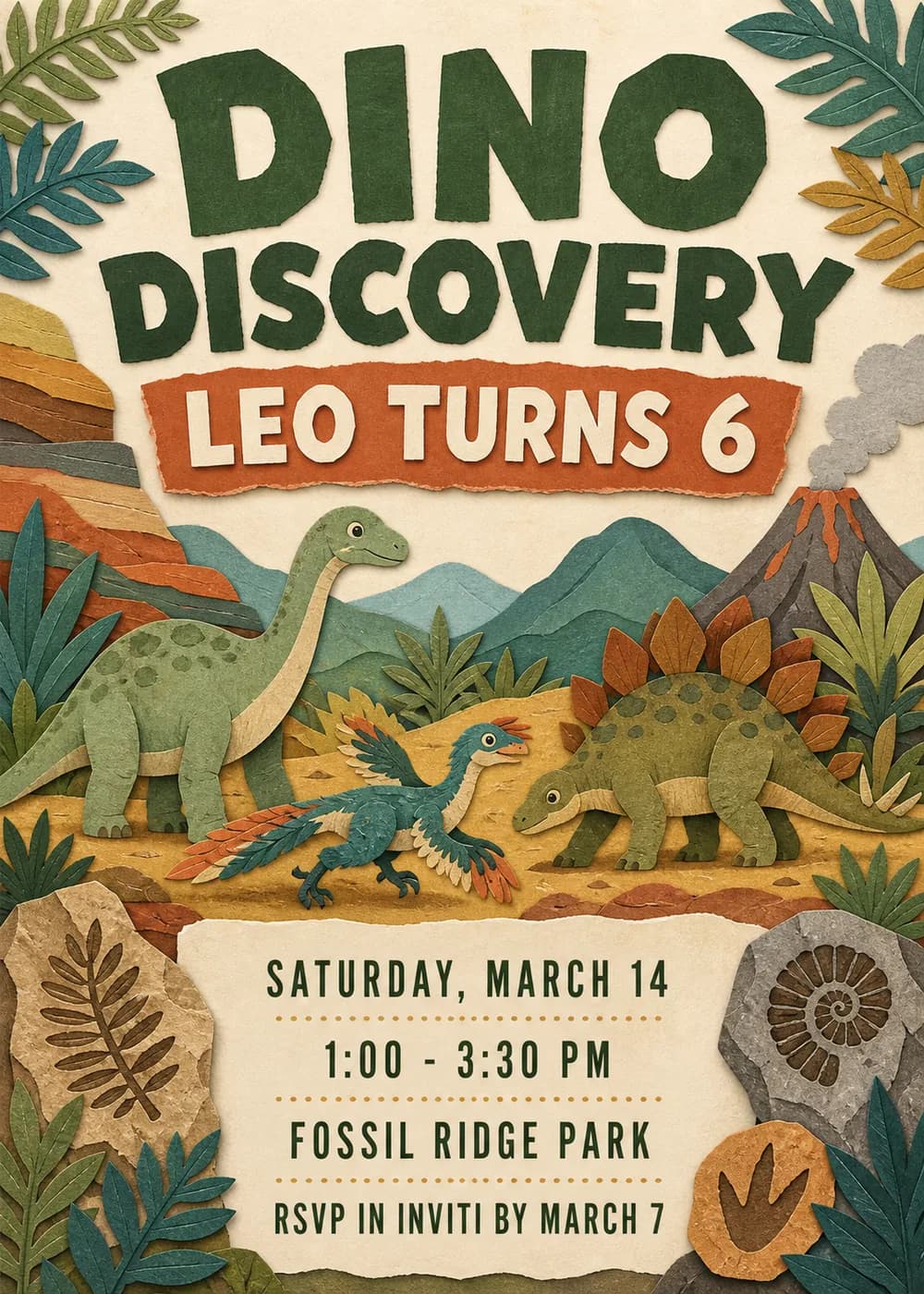 Dino Discovery birthday invitation in cut-paper style with a long-neck dinosaur, a stegosaurus and a feathered runner in a landscape of ferns, rock layers, fossils and a smoking volcano