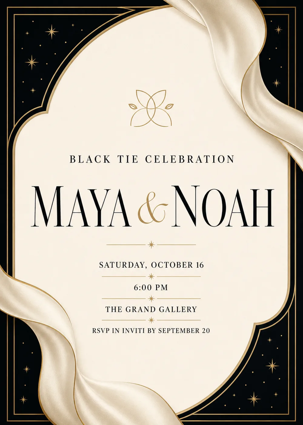 Black tie wedding invitation with a scalloped ivory panel, a small gold floral emblem, champagne satin folds and a double gold frame on star-speckled black