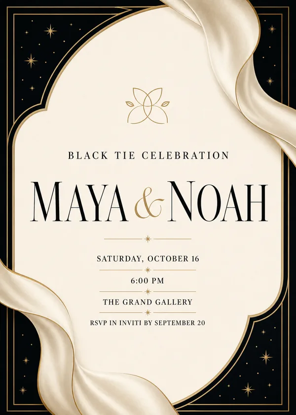 Black tie wedding invitation with a scalloped ivory panel, a small gold floral emblem, champagne satin folds and a double gold frame on star-speckled black