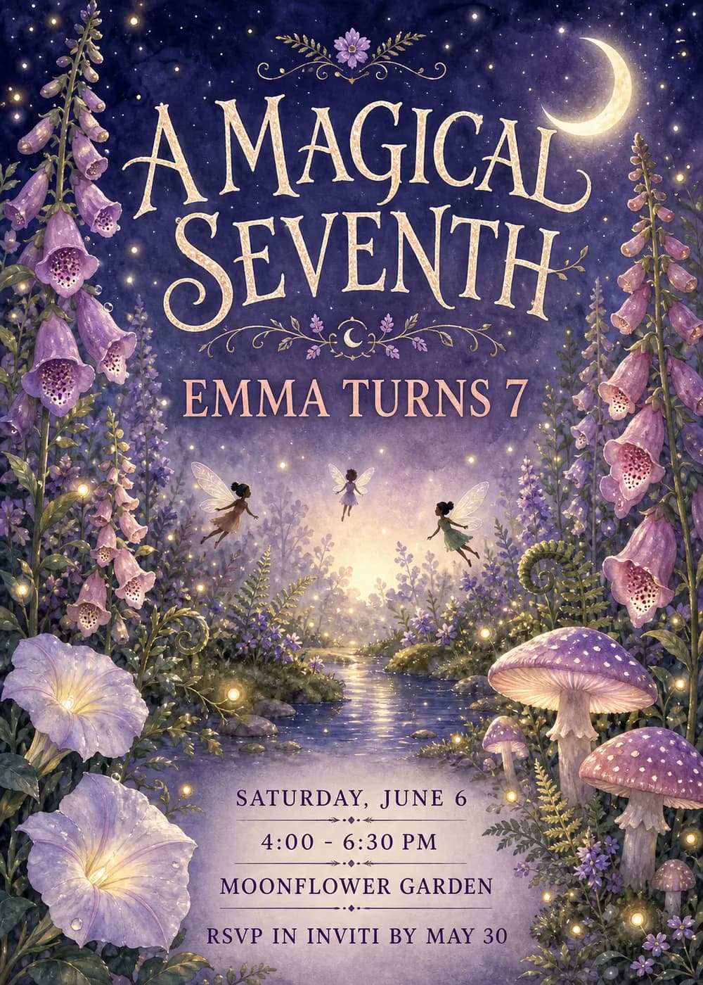A Magical Seventh fairy garden birthday invitation with three tiny fairies over a glowing creek, foxgloves, morning glories, mushrooms and fireflies under a crescent moon