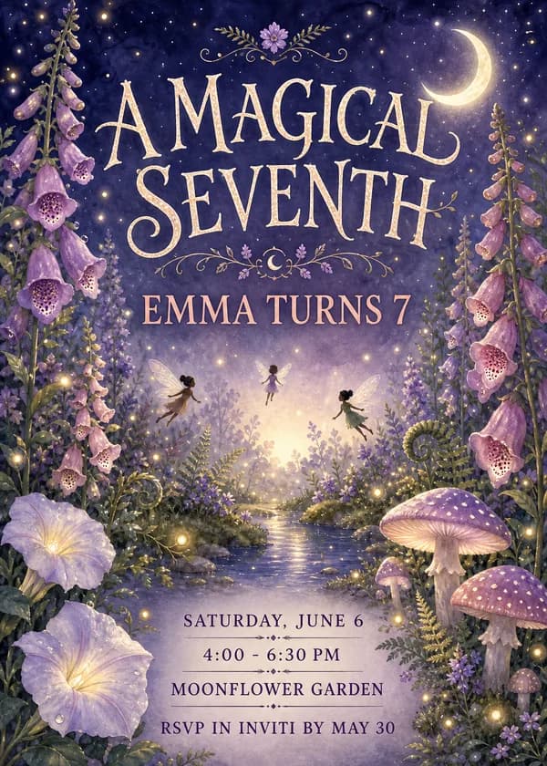 A Magical Seventh fairy garden birthday invitation with three tiny fairies over a glowing creek, foxgloves, morning glories, mushrooms and fireflies under a crescent moon
