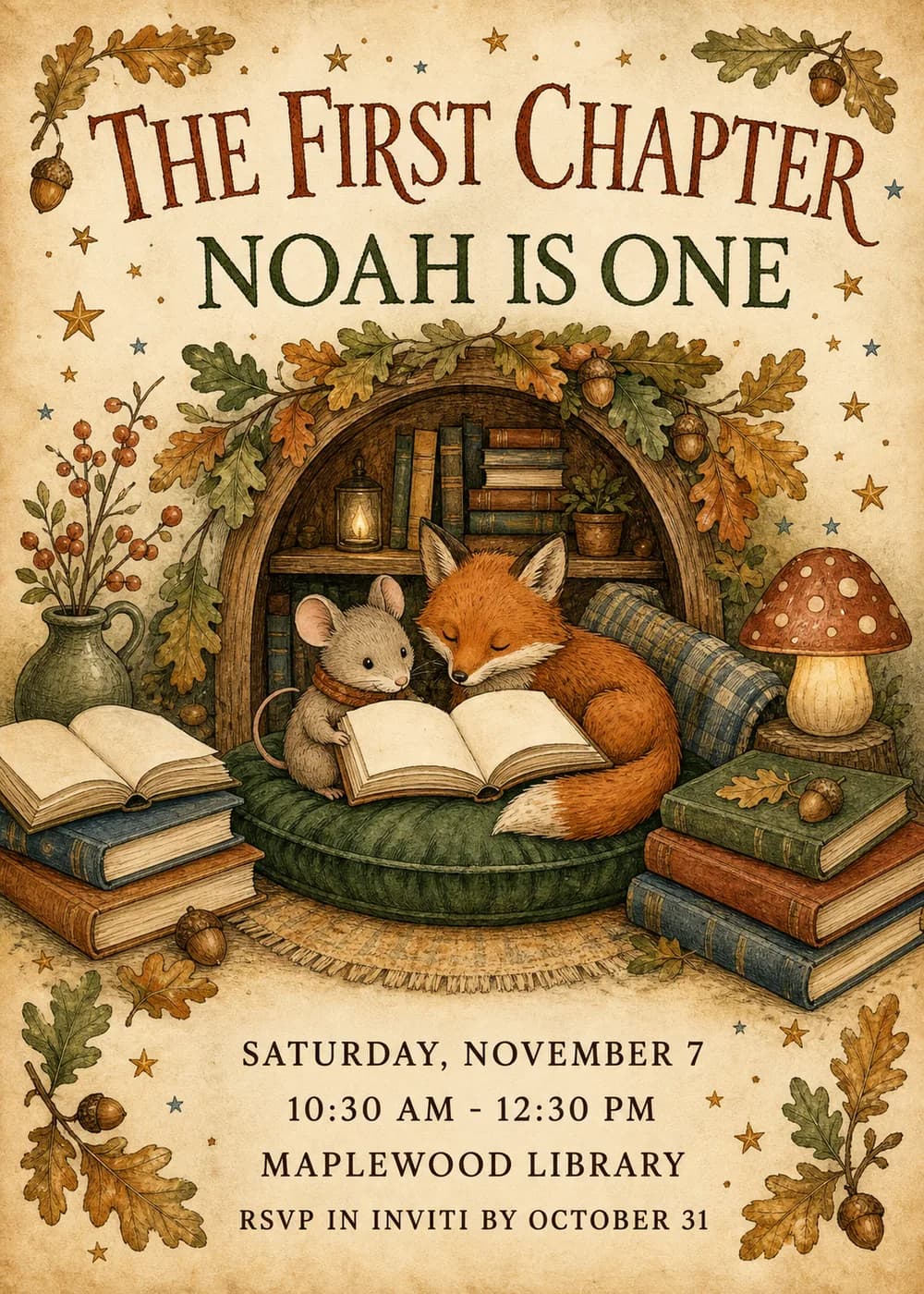 The First Chapter storybook first birthday invitation with a fox and a mouse reading together in a cozy woodland reading nook full of books, oak leaves and acorns