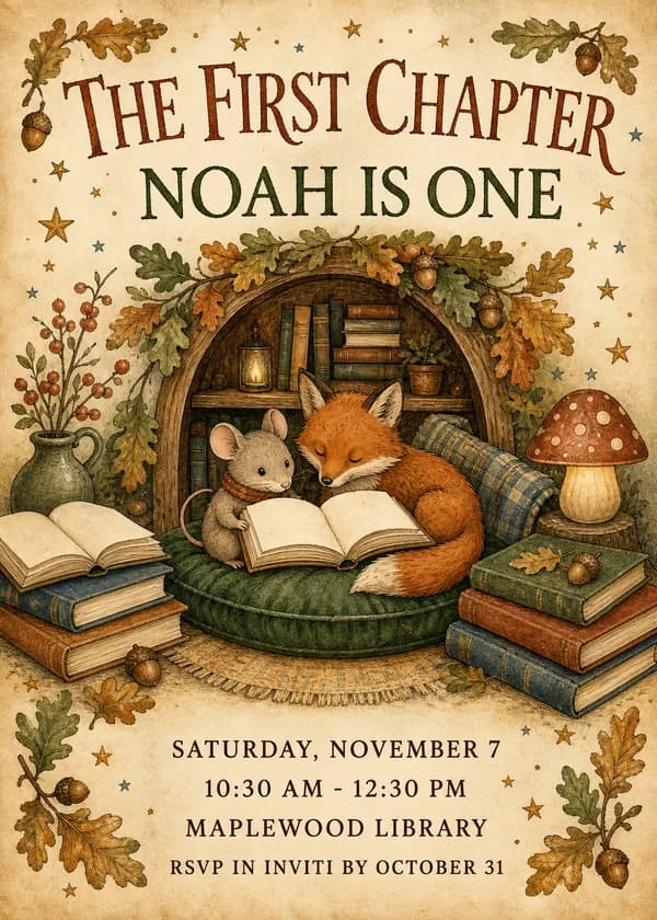 The First Chapter storybook first birthday invitation with a fox and a mouse reading together in a cozy woodland reading nook full of books, oak leaves and acorns