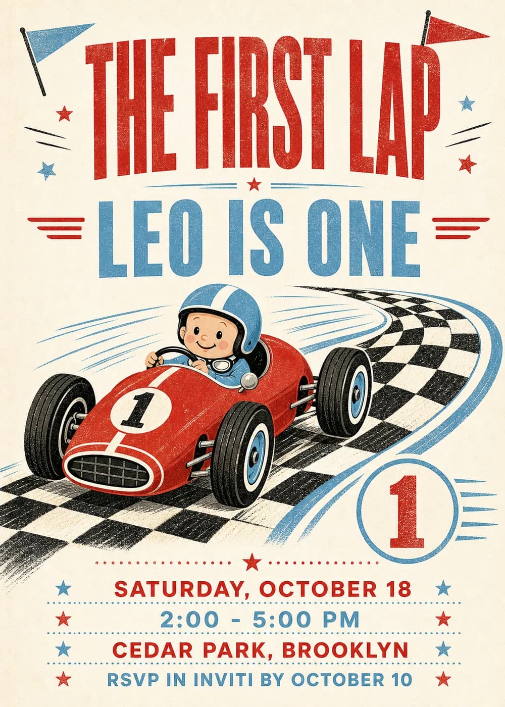 First Lap vintage race car first birthday invitation with a child in a blue helmet driving a red race car around a checkered track, with pennants and a number one medallion