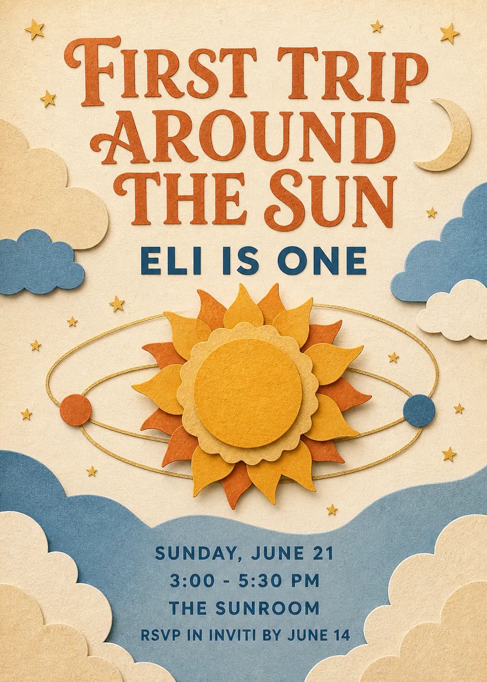 First Trip Around the Sun first birthday invitation with a layered paper-cut sun, orbit rings, small planets, clouds, stars and a crescent moon