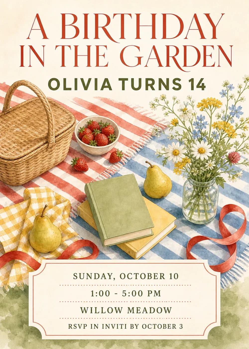 A Birthday in the Garden teen birthday invitation with a terracotta serif headline and an olive-green name line above a watercolor picnic of a wicker basket, a bowl of strawberries, pears, stacked books and a glass jar of wildflowers on red-striped, blue-striped and yellow gingham cloths, with the party details in a cream ticket-shaped panel on warm ivory