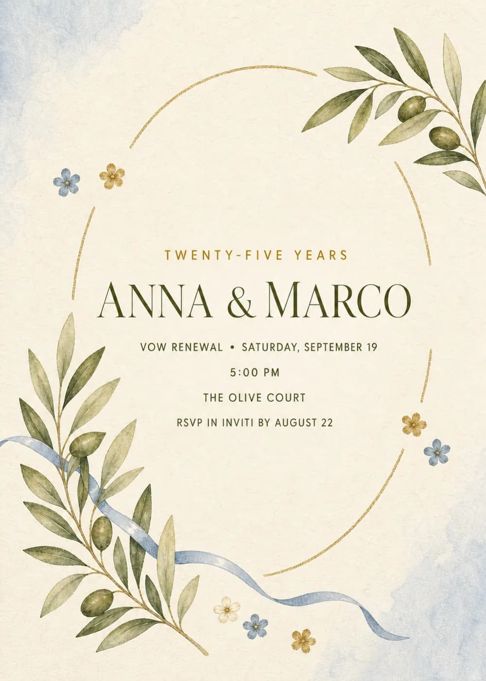 Vow renewal invitation with a fine open gold ring, olive branches, small blue and ochre flowers and a pale blue ribbon on airy ivory watercolor