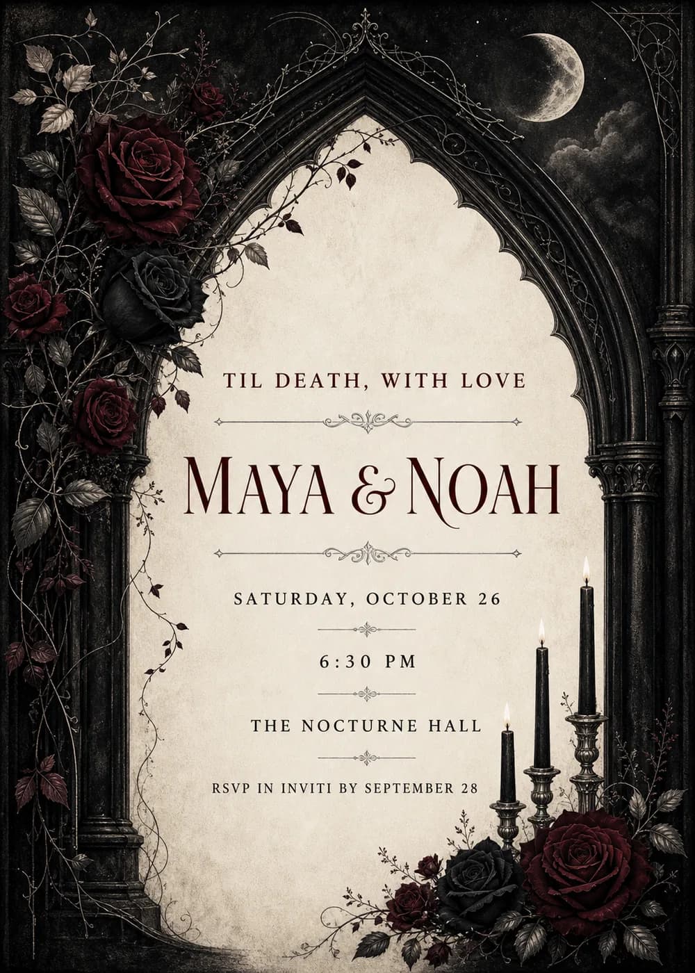 Wedding invitation with a pointed dark stone arch framing an ivory parchment panel, burgundy and black roses climbing its left side, a crescent moon in the night sky and lit black taper candles with roses at the lower right