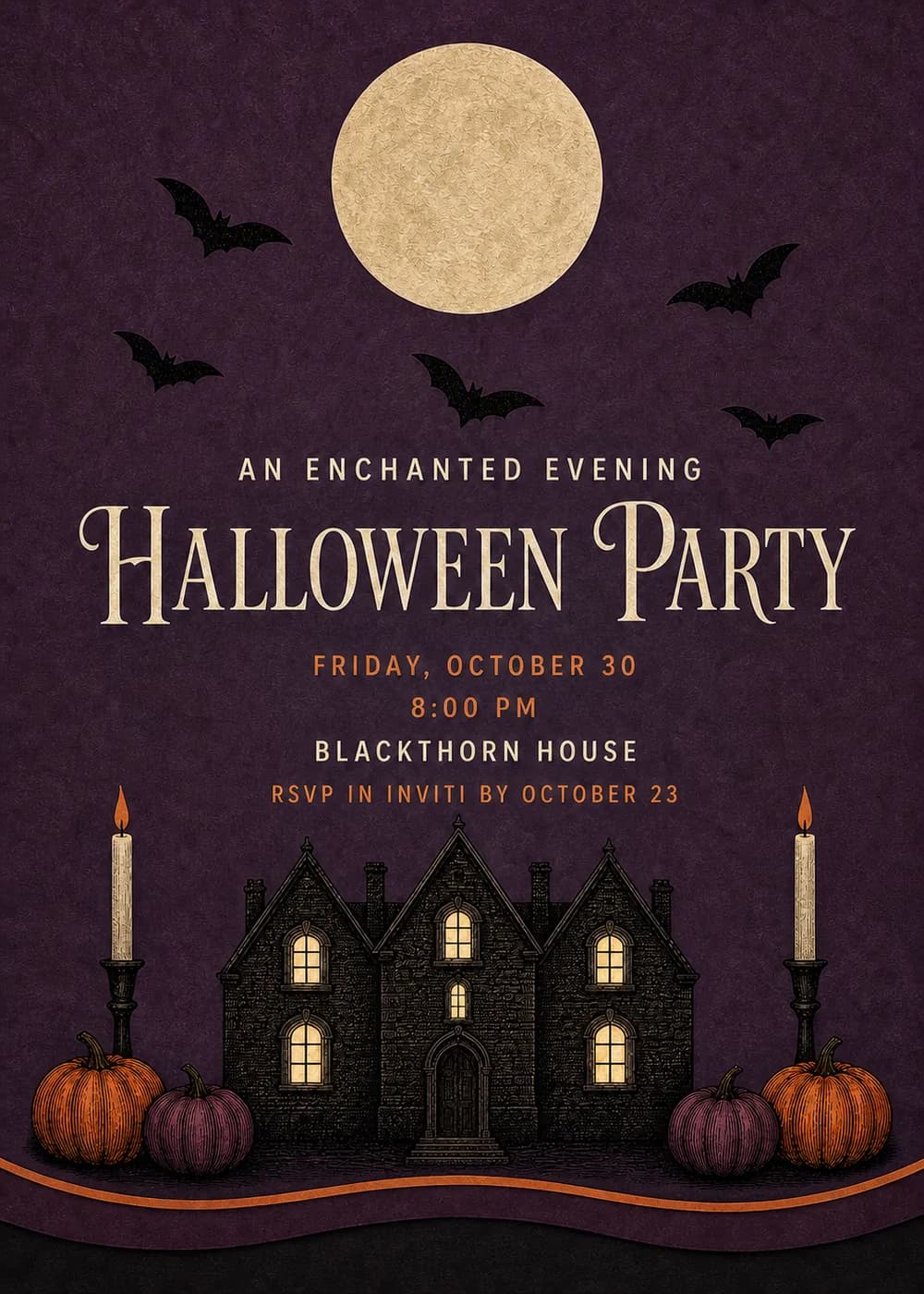 Halloween party invitation with a full moon, black bats, a lit Victorian house, candles and orange and purple pumpkins on deep plum