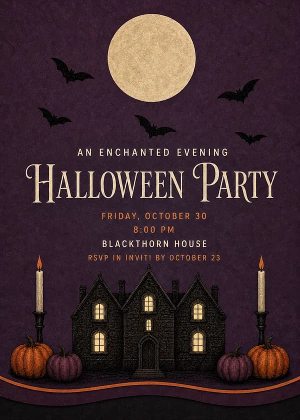 Halloween party invitation with a full moon, black bats, a lit Victorian house, candles and orange and purple pumpkins on deep plum