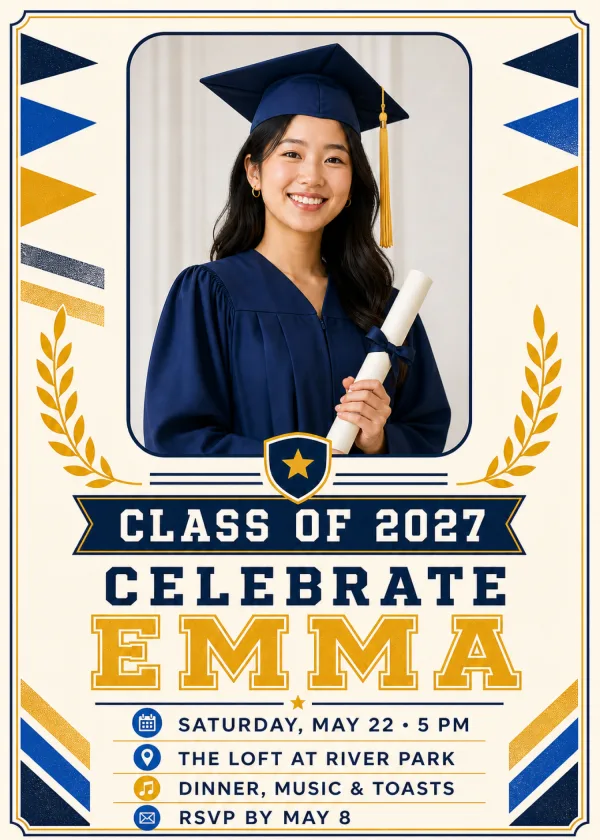 Graduation invitation with a fictional graduate portrait
