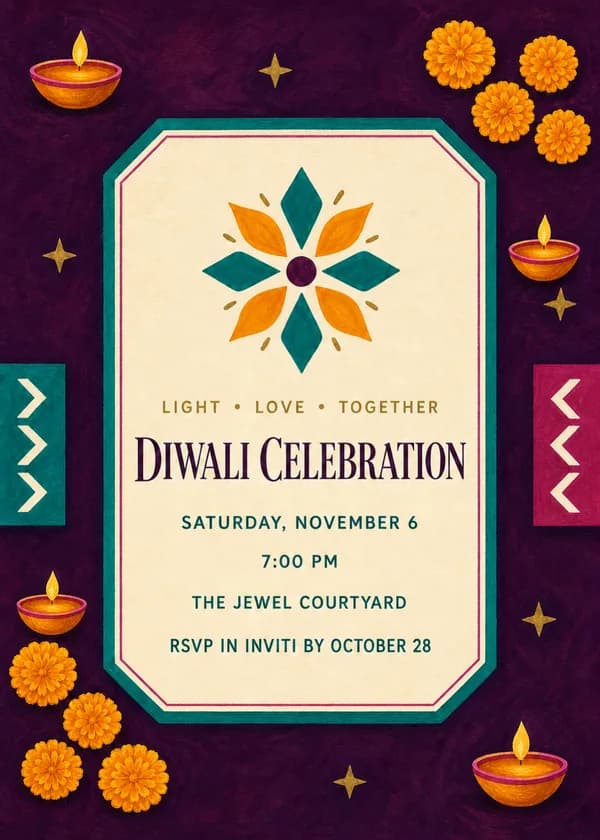 Diwali celebration invitation with a cream clipped-corner panel, a saffron and teal geometric flower, orange marigolds, glowing diya lamps and gold stars on aubergine