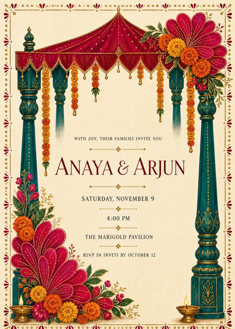 Indian wedding invitation with a crimson-and-teal mandap canopy, carved teal pillars, marigold garlands, magenta flowers and tiny diyas inside a gold border on warm ivory