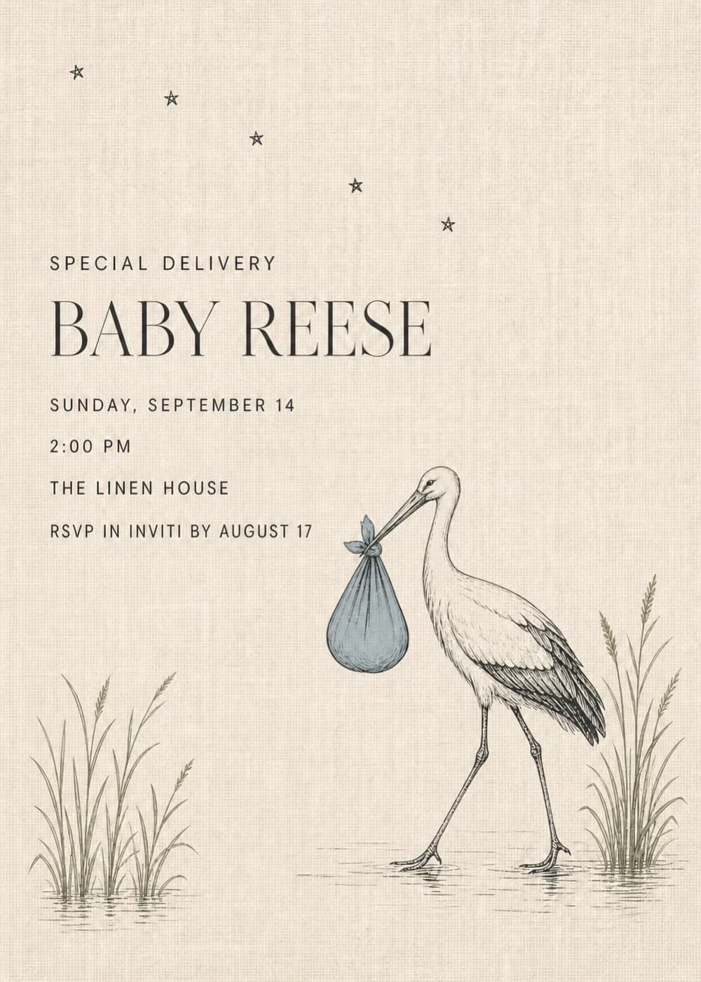 Special Delivery baby shower invitation with a fine-line stork carrying a blue bundle through reeds on warm linen-textured paper with small stars