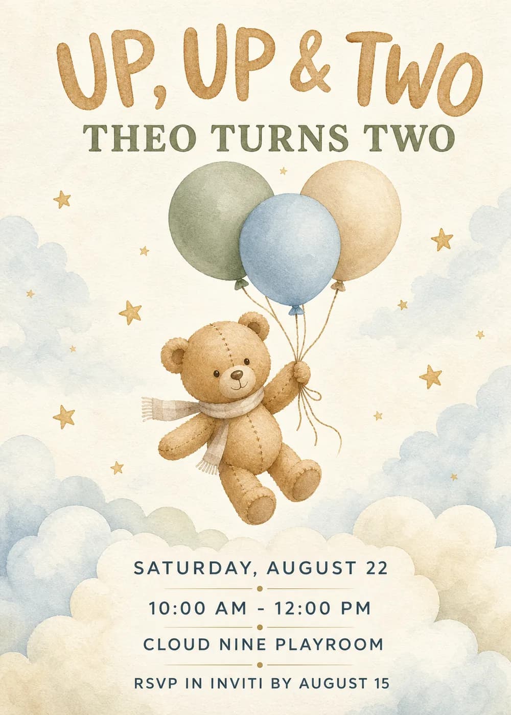Up, Up & Two birthday invitation with a stitched teddy bear floating on sage, powder blue and oatmeal balloons among soft watercolor clouds and small stars