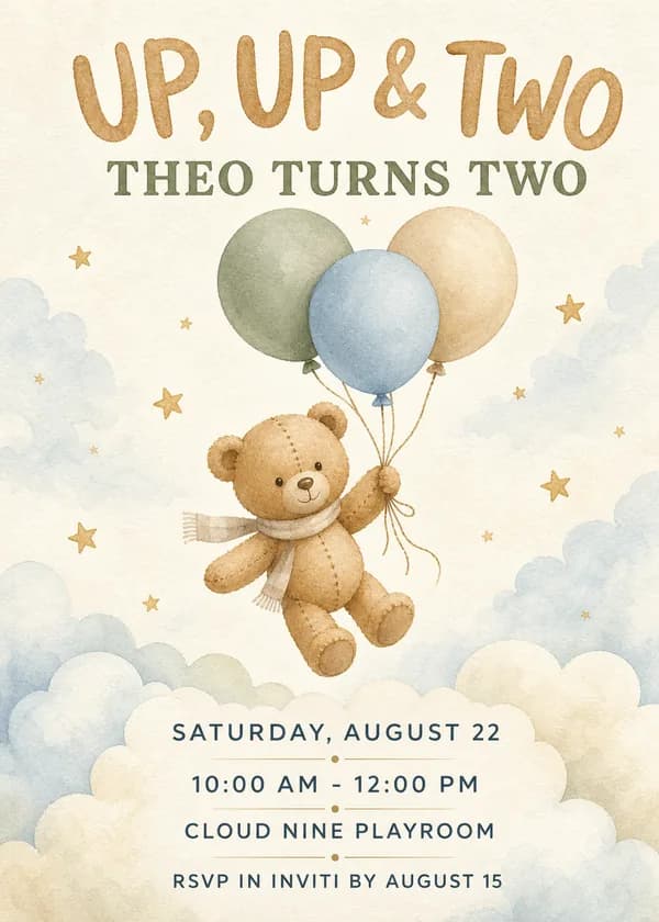 Up, Up & Two birthday invitation with a stitched teddy bear floating on sage, powder blue and oatmeal balloons among soft watercolor clouds and small stars