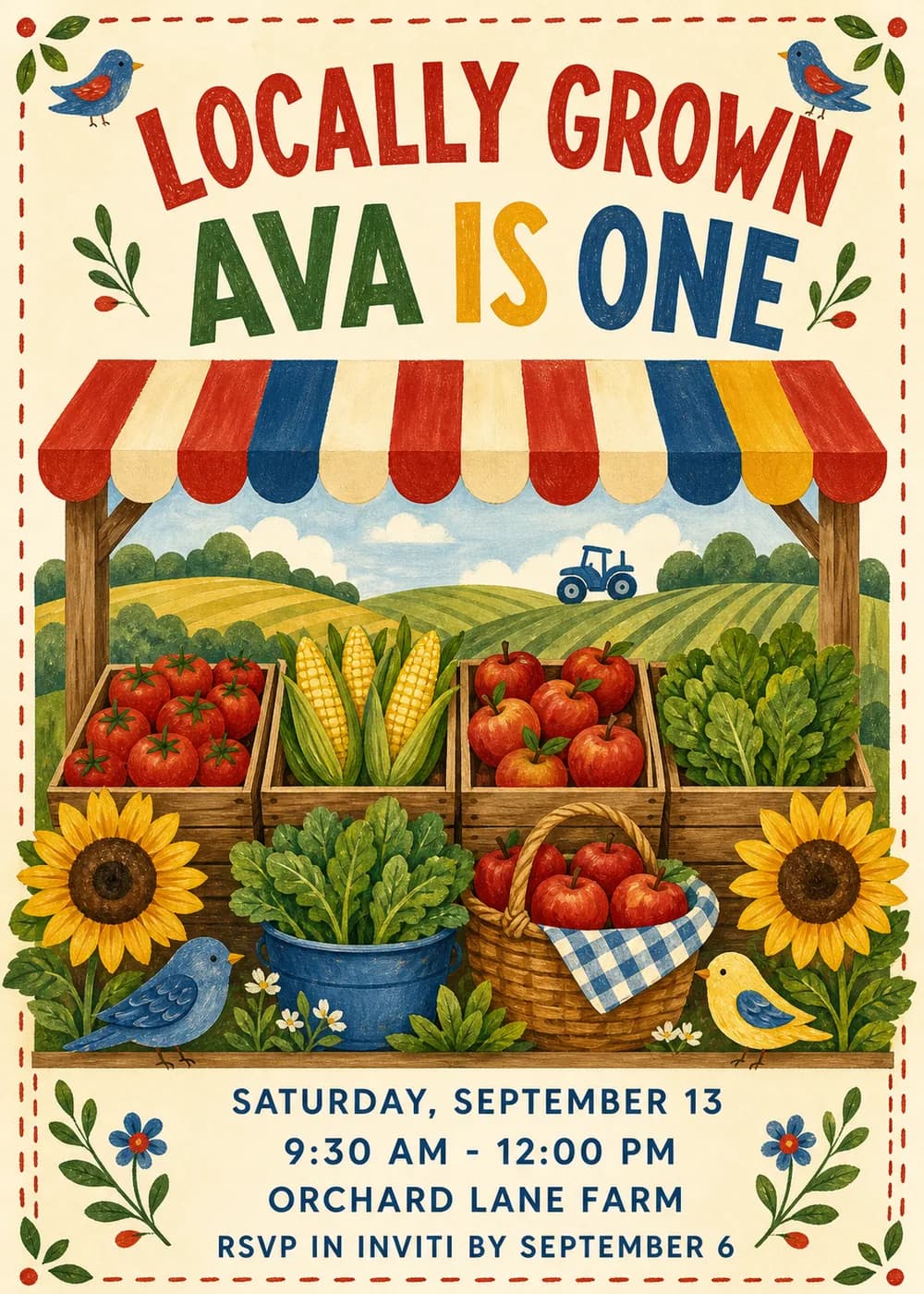 Locally Grown farmers market first birthday invitation with a striped market stall awning, crates of tomatoes, corn and apples, sunflowers, bluebirds and a tiny tractor in the fields